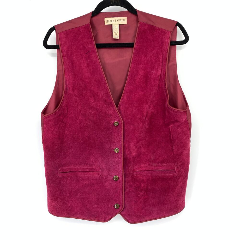Vintage Marsh Landing Suede Front Button Down Vest Mens Size Medium Maroon